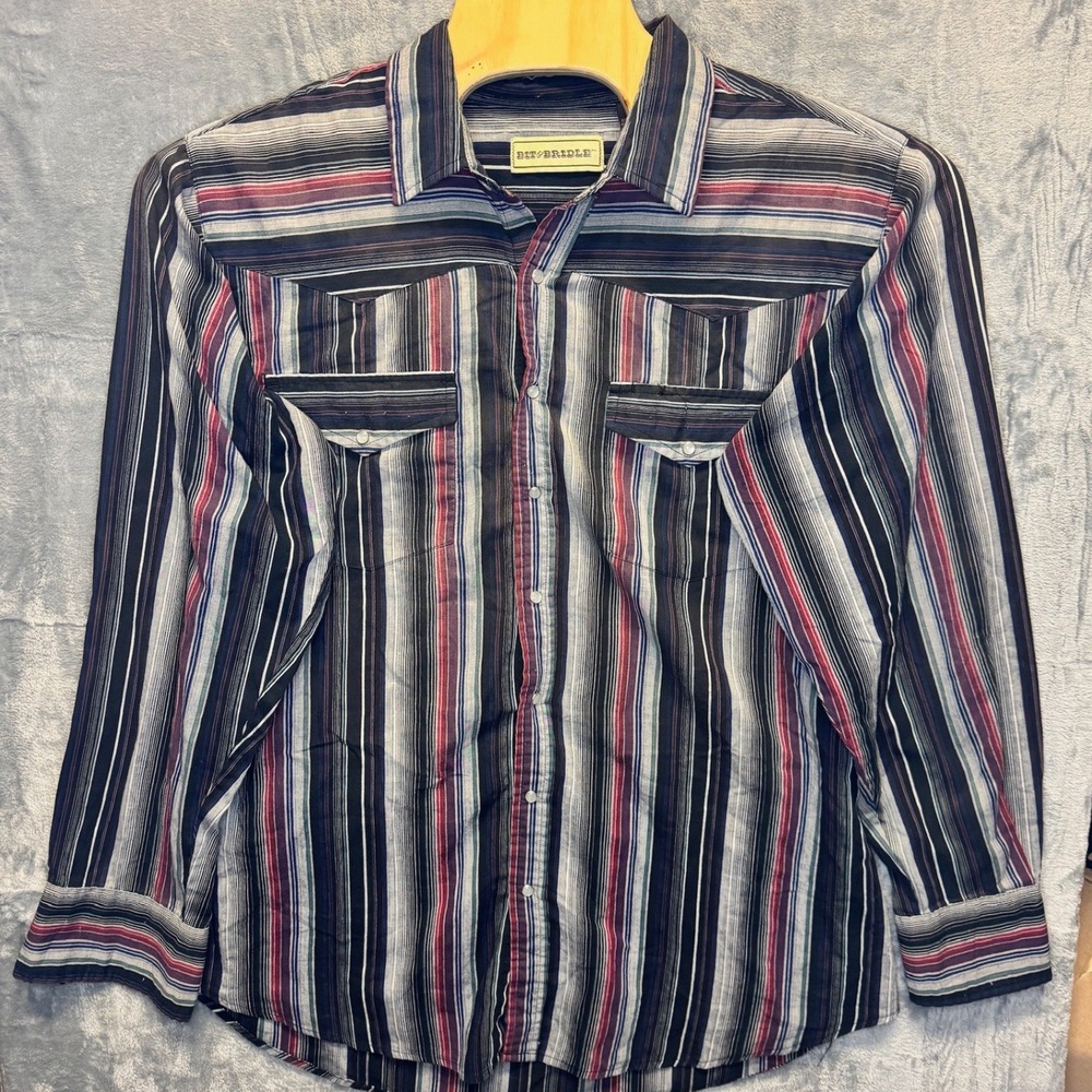 2063 | Bit & Bridle Western Pearl Snap Striped Shirt Black Red Men XLT